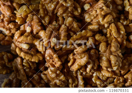 Peeled walnuts , closeup view. Healthy nuts for snack 119870331