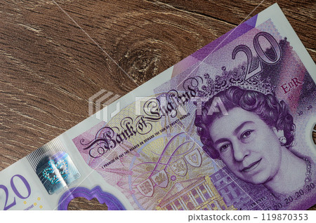 Great Britain money, British pounds on the table, close up, financial business concept, English currency 119870353