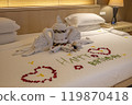 5-star hotel bed making and towel art Happy Birthday ② 119870418