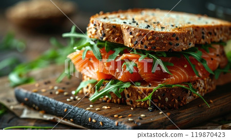 Close-up of avocado and salmon toast topped with fresh arugula and sprinkled with seeds Close-up of avocado and salmon toast topped with fresh arugula and sprinkled with seeds 119870423