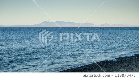Sea caves and Mediterranean at sunset panoramic view 119870475