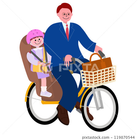 An illustration of a father in a suit driving a bicycle with his kindergarten-aged daughter 119870544