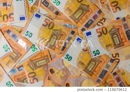 Background from euro banknotes. 50 euro banknotes close up. 119870612