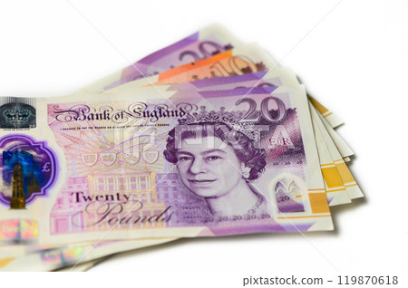 UK pound,money of United kingdom close up on white, Pound UK note 3 119870618