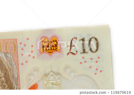 British Currency - ten pound banknotes in a spreading fan format. 119870619