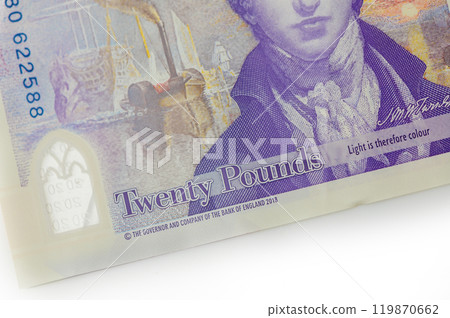A plan view of ten and twenty pound sterling bank notes. 4 119870662