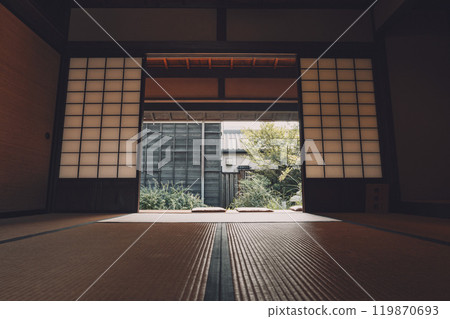 A garden view from the sliding door window of a traditional Japanese house 119870693