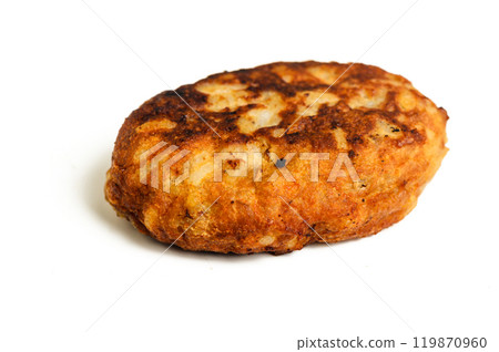 Fried breaded cutlet isolated on white background 119870960