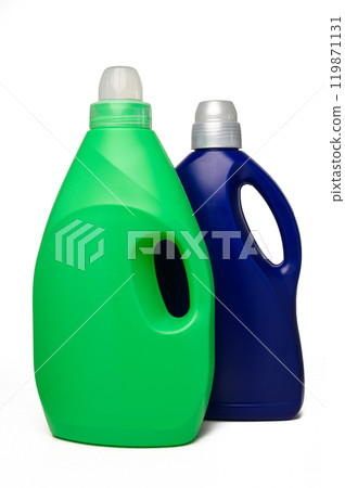 Blue and green bottles of washing powder on white background. It has a white sticker for your image and text. Blue and green bottles of washing powder on white background. It has a white sticker for your image and text. 119871131