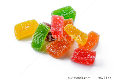 Sweet marmalade background. Multi-colored marmalade on a white background Sweet marmalade background. Multi-colored marmalade on a white background 119871133