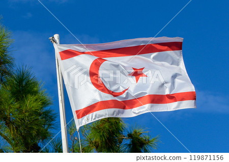 The distinctive flag of North Cyprus billows against a bright blue sky near coastal pine trees, capturing a moment of serene national pride The distinctive flag of North Cyprus billows against a bright blue sky near coastal pine trees, capturing a moment of serene national pride 119871156