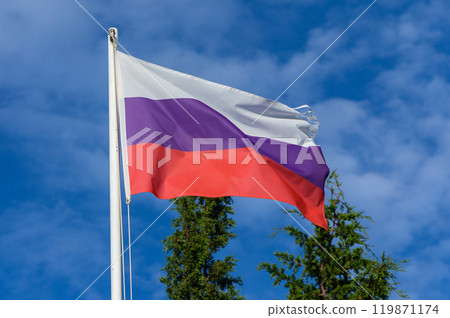 The Russian flag waves proudly against a backdrop of blue sky and green trees on a sunny day in a serene outdoor setting 119871174