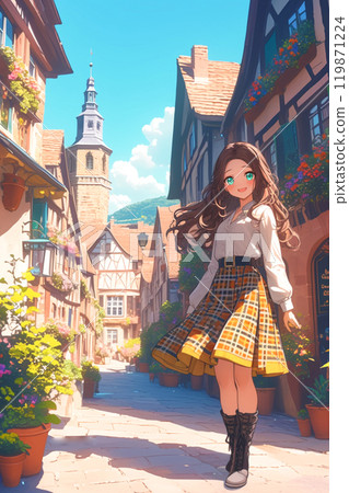 Woman walking in a town in Alsace, France 3 119871224