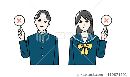 Illustration of male and female high school students giving a round or cross card Illustration of male and female high school students giving a round or cross card 119871291