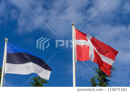 Colorful flags of Estonia and Denmark waving against a backdrop of a clear blue sky on a bright day in a vibrant outdoor setting Colorful flags of Estonia and Denmark waving against a backdrop of a clear blue sky on a bright day in a vibrant outdoor setting 119871382