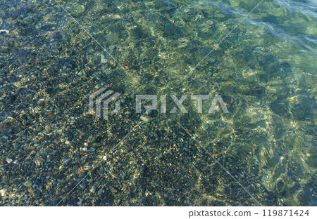 Serene Underwater Landscape Revealing Pebbles and Rippling Shadows on a Clear Water Surface at a Tranquil Beach Location Serene Underwater Landscape Revealing Pebbles and Rippling Shadows on a Clear Water Surface at a Tranquil Beach Location 119871424