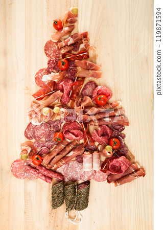 Christmas tree made of sausage on a background of a wooden wall Christmas tree made of sausage on a background of a wooden wall 119871594