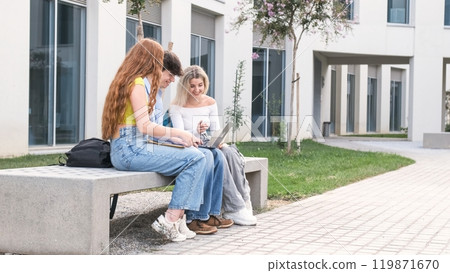 Smiling young students using laptop on bench at university campus Smiling young students using laptop on bench at university campus 119871670