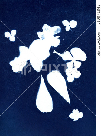 Paper texture floral illustration. Silhouettes of random flowers. Unique hand-printed monotype. Silhouettes of flower on a blue background. 119871842