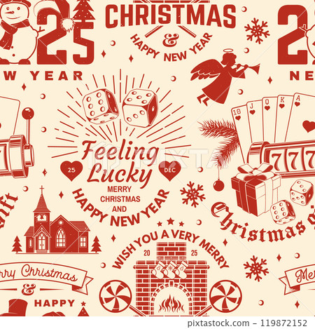 Merry Christmas and Happy New Year seamless pattern with snowflakes, hanging christmas ball, casino dice, fireplace, poker playing card, slot machines, sweet candy cane. Vector. Christmas background. Merry Christmas and Happy New Year seamless pattern with snowflakes, hanging christmas ball, casino dice, fireplace, poker playing card, slot machines, sweet candy cane. Vector. Christmas background. 119872152