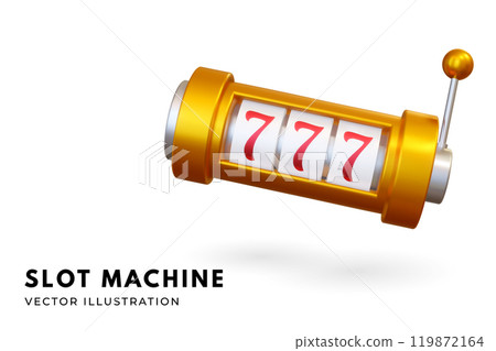 Golden slot machine poster, banner, flyer template. Vector illustration. Game slot concept. Realistic 3d icon for casino and gambling industry 119872164