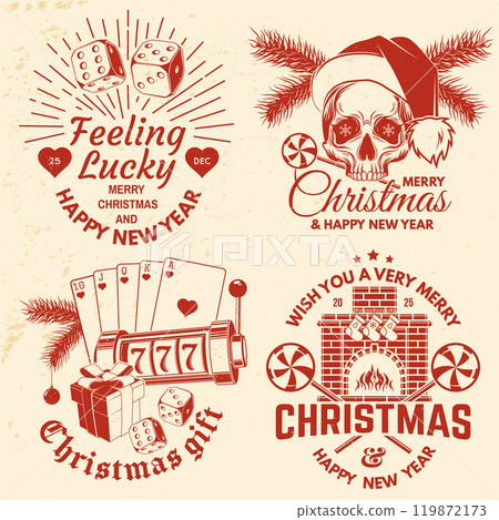 Set of Lucky Christmas casino night. Vintage print, logo, badge design with santa claus, casino dice, fireplace, poker playing card, slot machines and sweet candy cane. Vector illustration 119872173