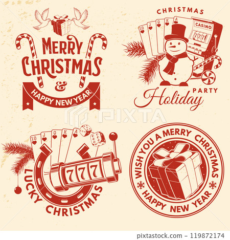 Set of Lucky Christmas casino night. Vintage print, logo, badge design with doves holding gift box, casino dice, snowman, poker playing card, slot machines and sweet candy cane. Vector. Set of Lucky Christmas casino night. Vintage print, logo, badge design with doves holding gift box, casino dice, snowman, poker playing card, slot machines and sweet candy cane. Vector. 119872174