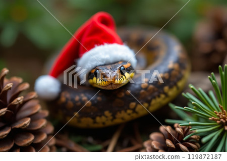 A snake wearing a santa hat on top of a pine cone 119872187