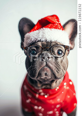 A dog wearing a santa hat and glasses A dog wearing a santa hat and glasses 119872232