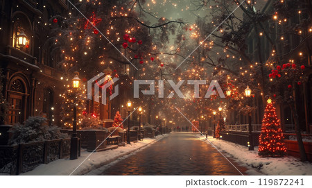 A snowy street lined with christmas lights and decorated trees 119872241
