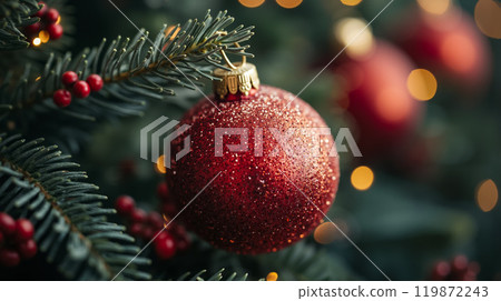 A red christmas ornament hanging from a christmas tree 119872243