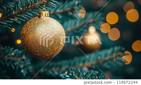 A close up of a gold ornament on a Christmas tree 119872244