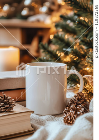 A white coffee cup sitting on top of a table next to a book 119872269