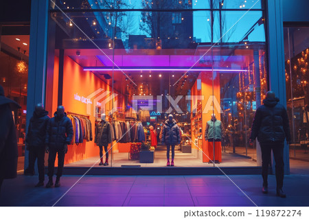 A group of people standing in front of a clothing store A group of people standing in front of a clothing store 119872274