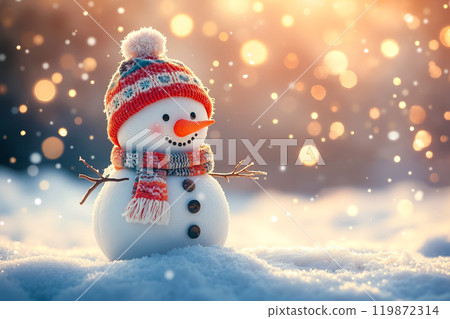 A snowman wearing a hat and scarf standing in the snow 119872314