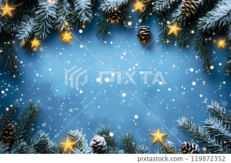 A blue background with pine branches and gold stars A blue background with pine branches and gold stars 119872352
