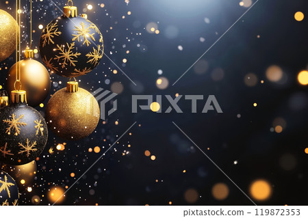 A bunch of black and gold christmas ornaments hanging from a string A bunch of black and gold christmas ornaments hanging from a string 119872353