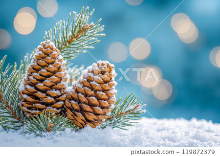 A pine cone sitting on top of a snow covered pine tree branch 119872379