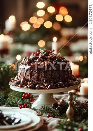 A chocolate cake on a white cake stand on a table 119872471