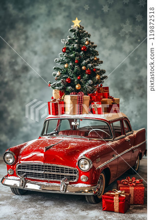 A red car with a christmas tree on top of it 119872518