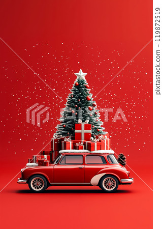 A red car with a christmas tree on top of it 119872519