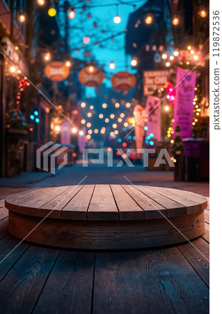 A wooden table sitting on top of a wooden floor in front of a city street 119872536