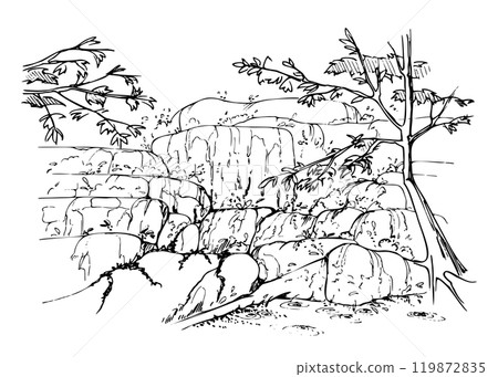 Waterfall on rock boulders with trees, flowing water stream, drops pond, stone wall. Hand drawn ink vector illustration, isolated scenic landscape. Design travel, vacation, brochure, nature tours 119872835
