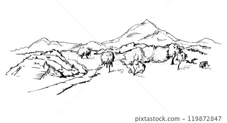 Mesoamerica Aztec ancient pyramid ruins on plain grassy field with trees, mountains hills backdrop, isolated scenic landscape. Hand drawn ink vector illustration. Design travel brochure, vacation Mesoamerica Aztec ancient pyramid ruins on plain grassy field with trees, mountains hills backdrop, isolated scenic landscape. Hand drawn ink vector illustration. Design travel brochure, vacation 119872847