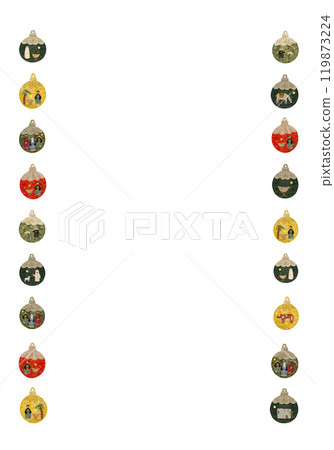 Christmas tree vintage decorative ball with nativity scene vertical frame isolated on white in watercolor. Illustration for posters, cards, stickers, posters, advent calendar, banner, New Year 119873224