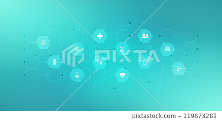 Medical background and healthcare technology with flat icons and symbols. Concept and idea for health care business, innovation medicine, health safety, science, medical research, and development. 119873281