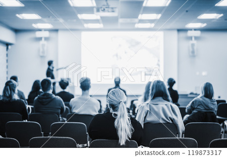 Speaker giving a talk in conference hall at business event. Rear view of unrecognizable people in audience at the conference hall. Business and entrepreneurship concept. Blue tones black and white 119873317