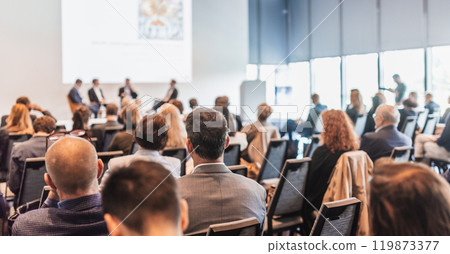 Interview and round table discussion at business convention and presentation. Audience at the conference hall. Business and entrepreneurship symposium. 119873377
