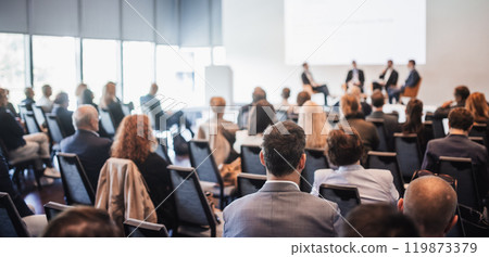 Interview and round table discussion at business convention and presentation. Audience at the conference hall. Business and entrepreneurship symposium. 119873379