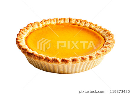 Closeup of pumpkin pie slice with dollops of whipped cream and sprinkle of cinnamon on top isolated on white background, showcasing a Halloween dessert concept Closeup of pumpkin pie slice with dollops of whipped cream and sprinkle of cinnamon on top isolated on white background, showcasing a Halloween dessert concept 119873420